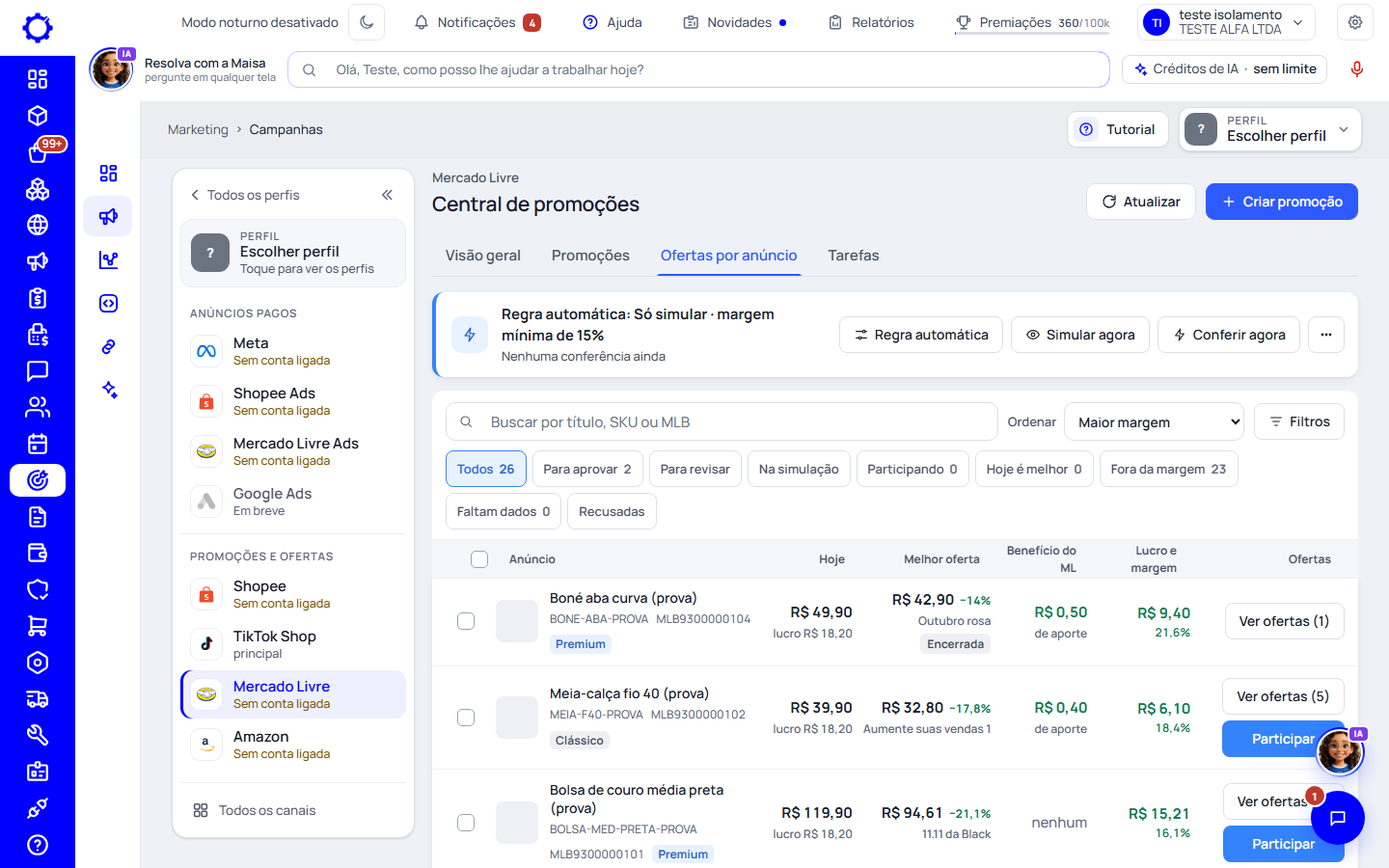 Passo 1: Abra Marketing › Campanhas › Mercado Livre e a aba «Ofertas por anúncio»