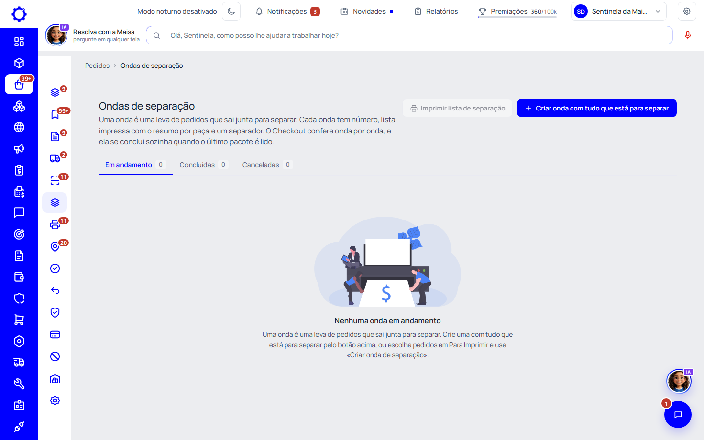 Passo 1: Abra Pedidos › Ondas de separação