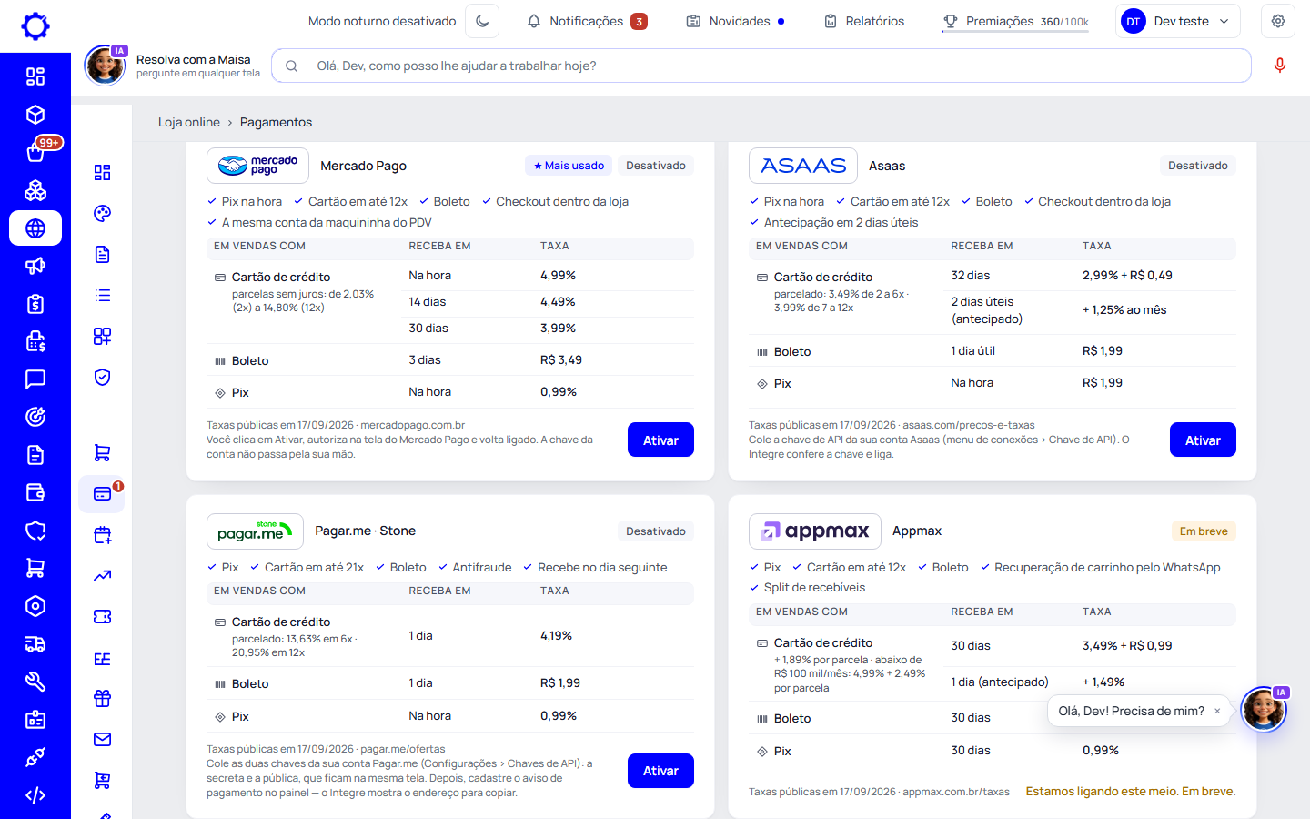Passo 5: No Integre, abra Loja online › Meios de pagamento e clique em Ativar no Pagar.me