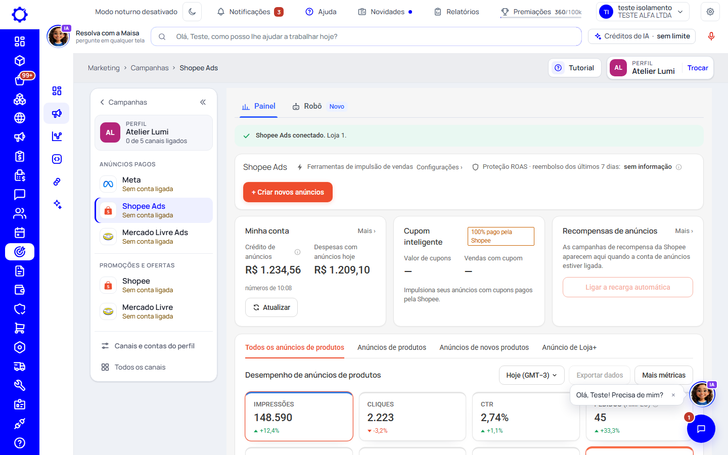 Passo 1: Abra Marketing › Campanhas › Shopee Ads