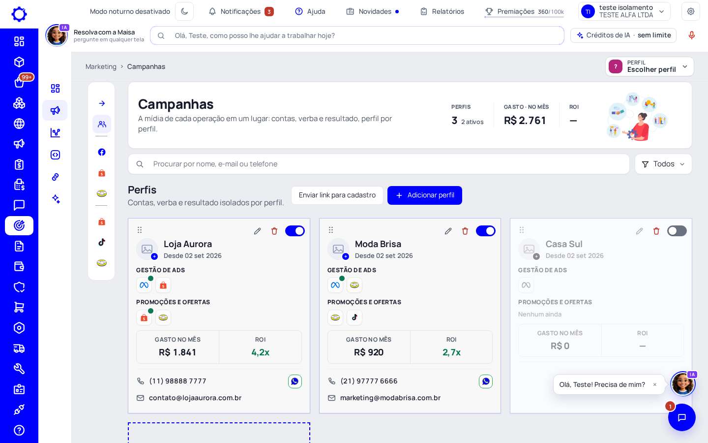 Passo 1: Abra Marketing › Campanhas › Perfis
