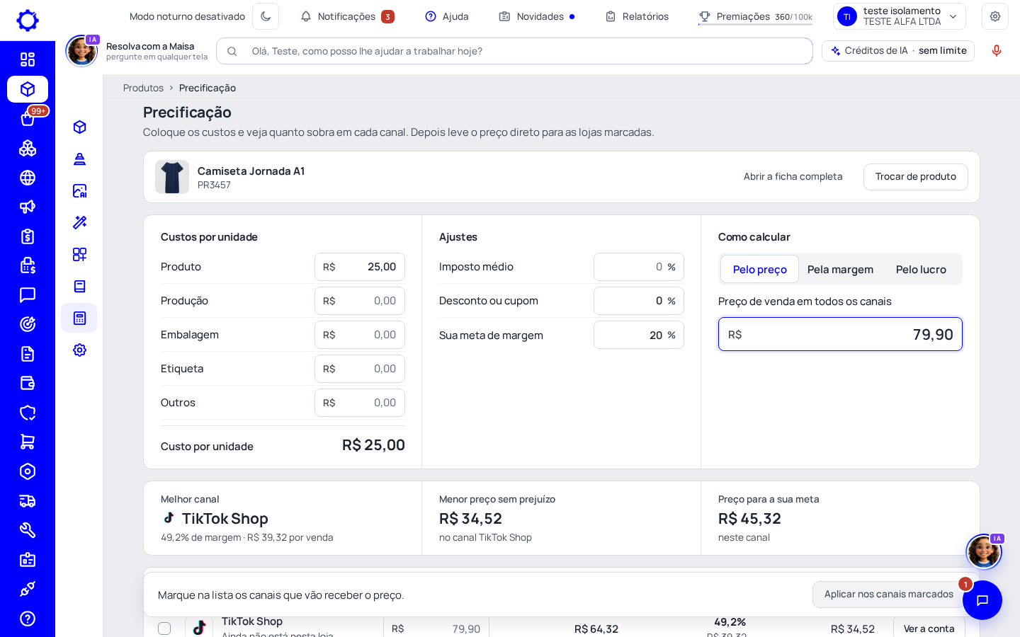 Passo 1: Abra Produtos › Precificação e escolha o produto