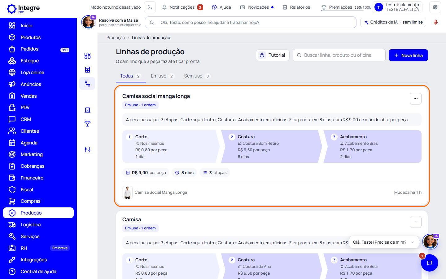 Passo 1: Abra Produção › Linhas de produção