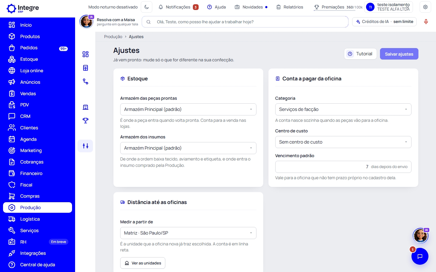 Passo 3: Abra Produção › Ajustes