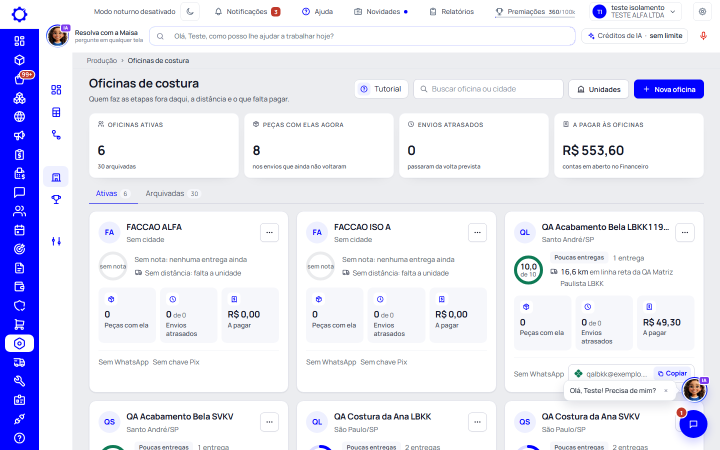 Passo 1: Abra Produção › Oficinas de costura