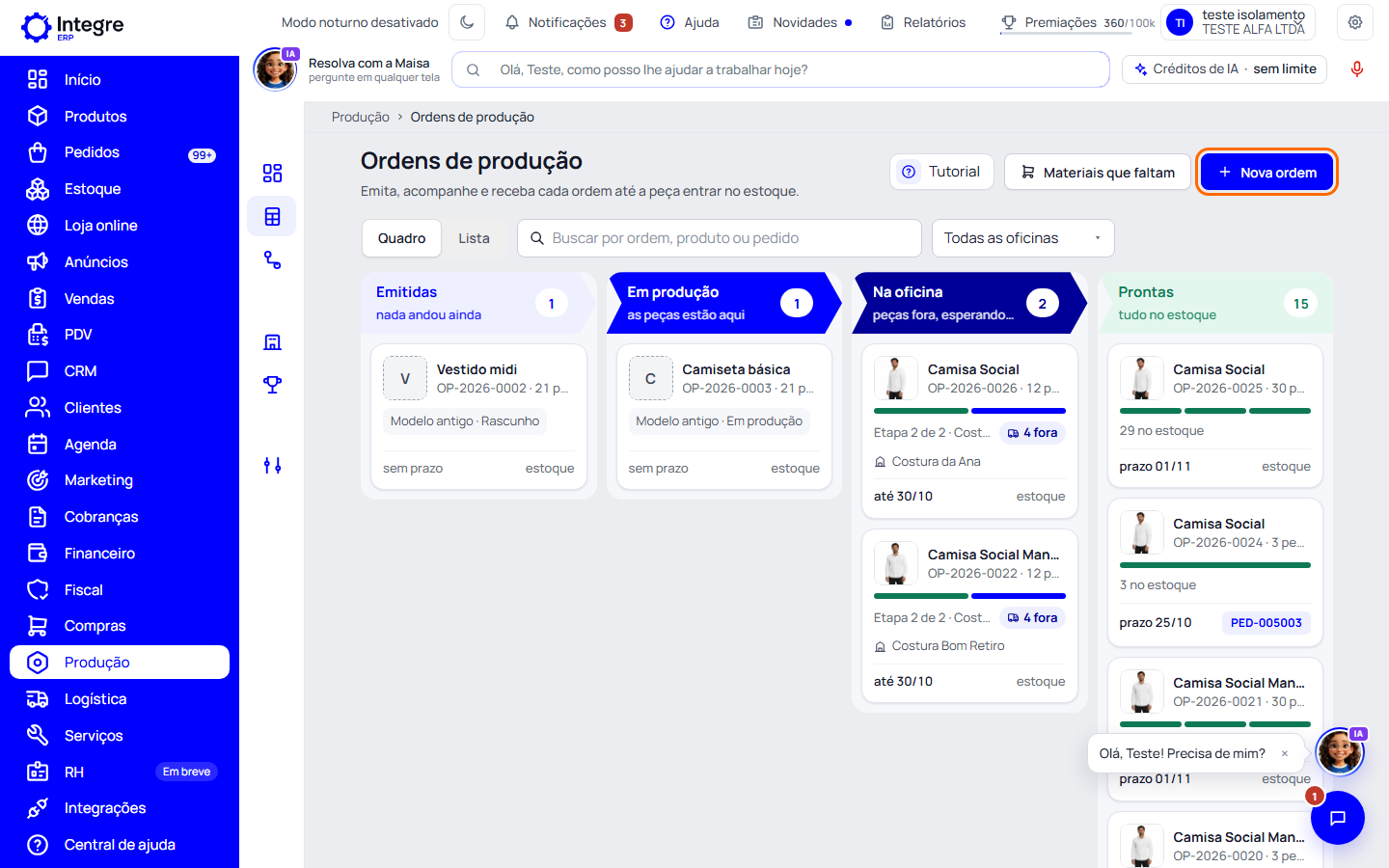 Passo 1: Abra Produção › Ordens de produção
