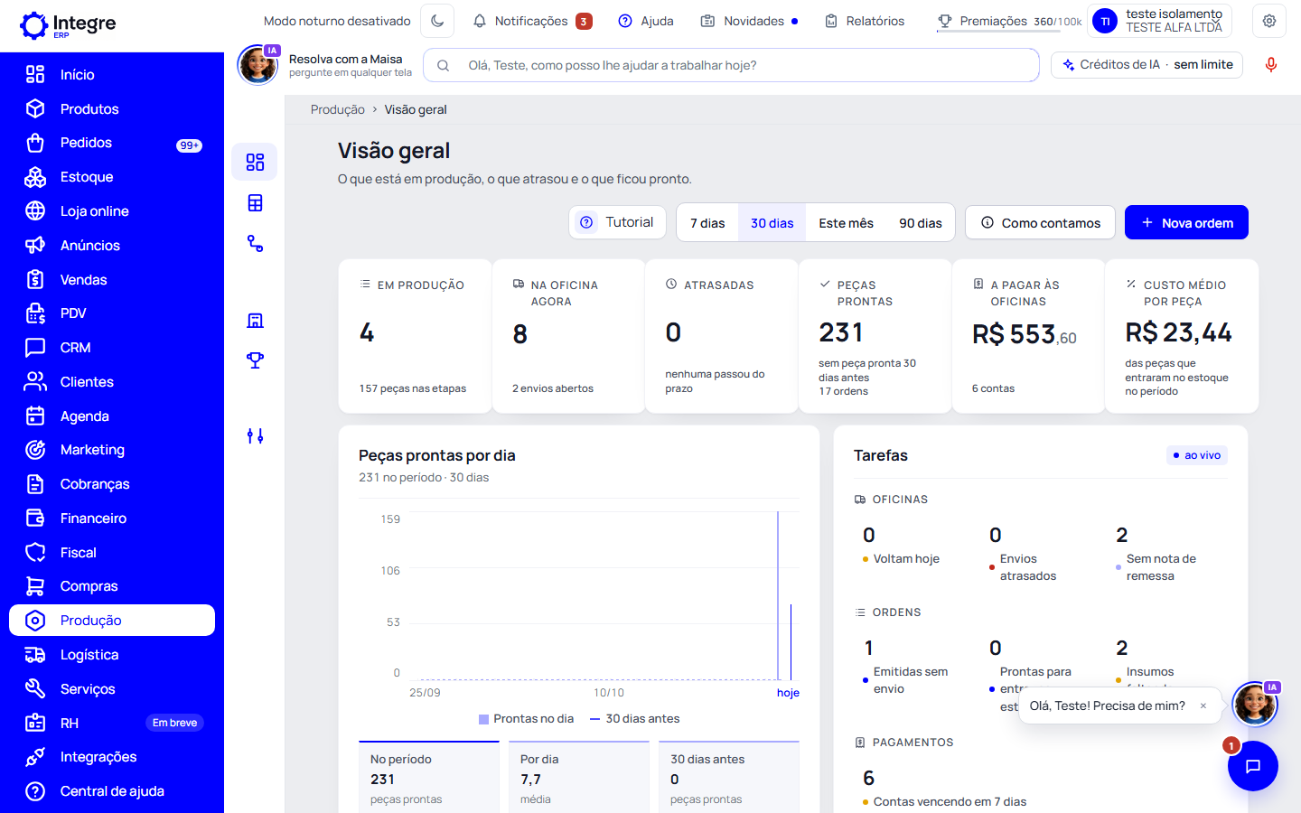 Passo 1: Abra Produção › Visão geral
