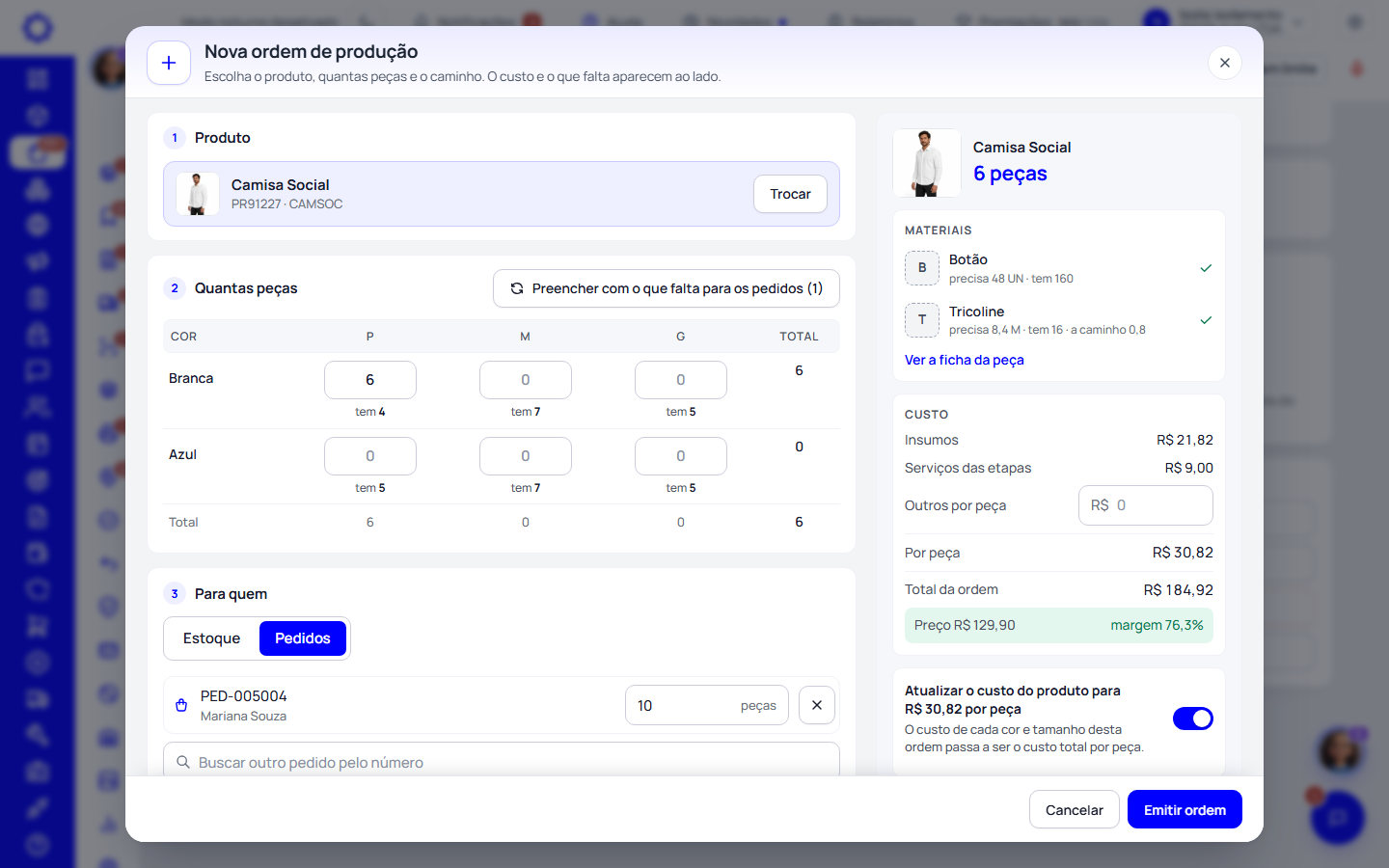 Passo 3: Emita a ordem do pedido