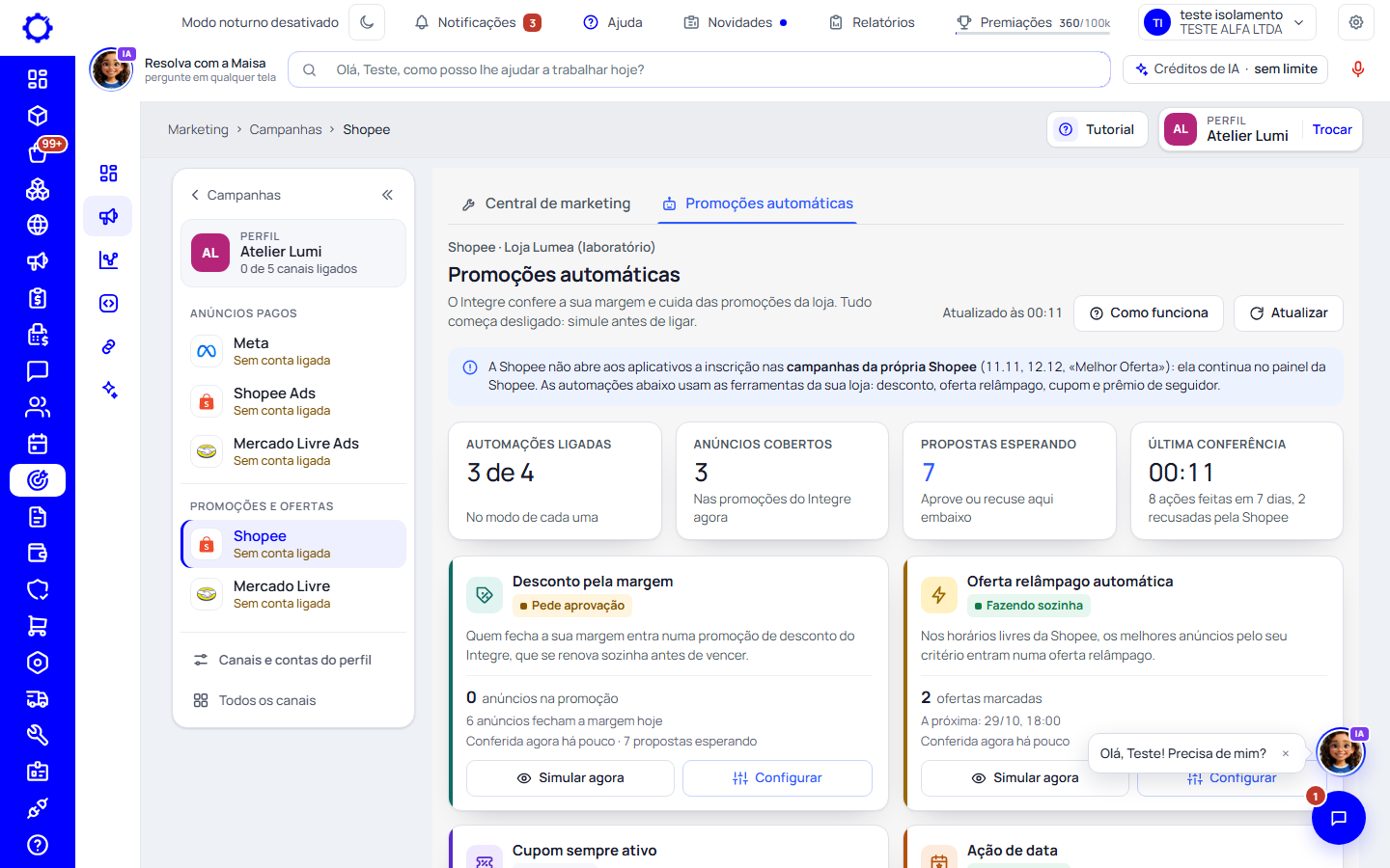 Passo 1: Abra Marketing › Campanhas › Shopee e escolha «Promoções automáticas»