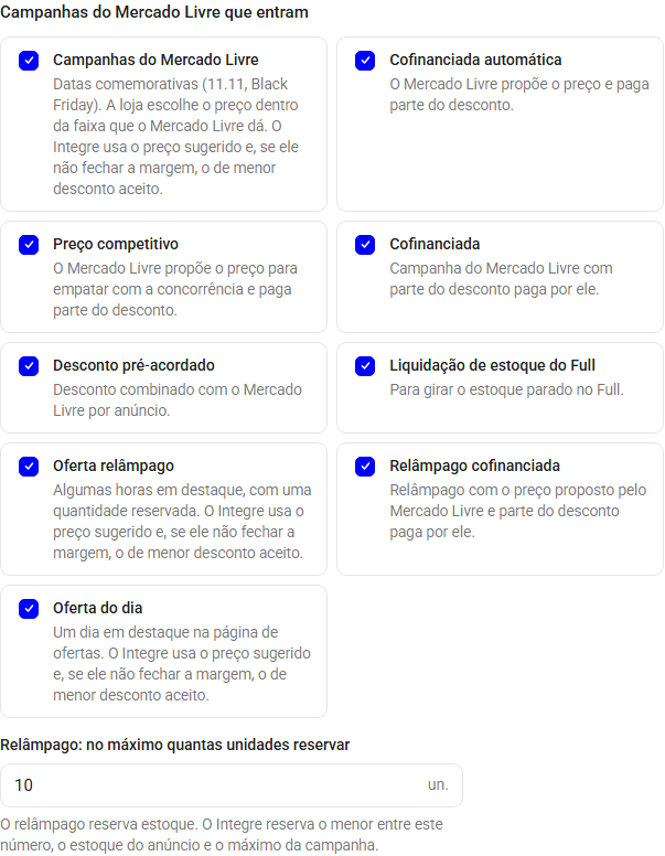 Passo 4: Marque as campanhas do Mercado Livre que podem entrar