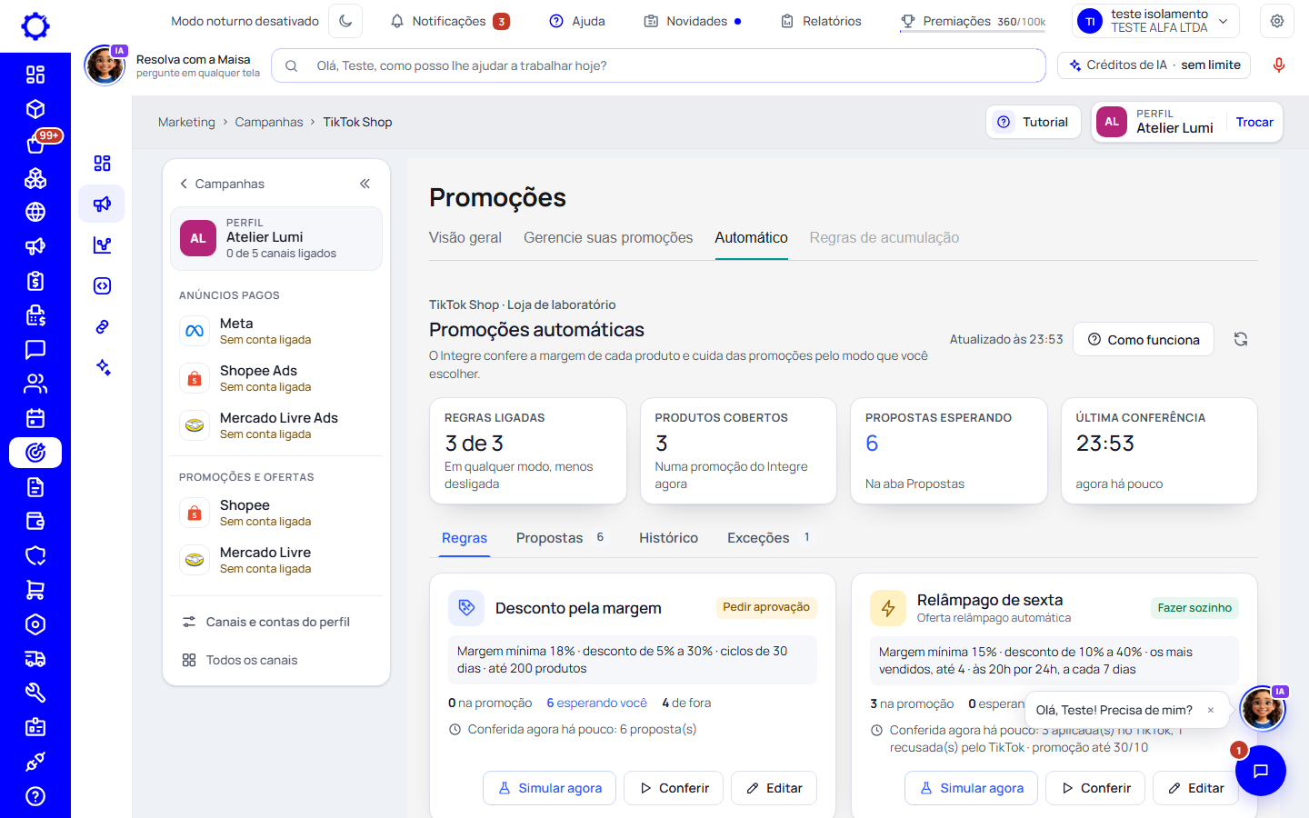 Passo 1: Abra Marketing › Campanhas › TikTok Shop › Promoções, na aba «Automático»