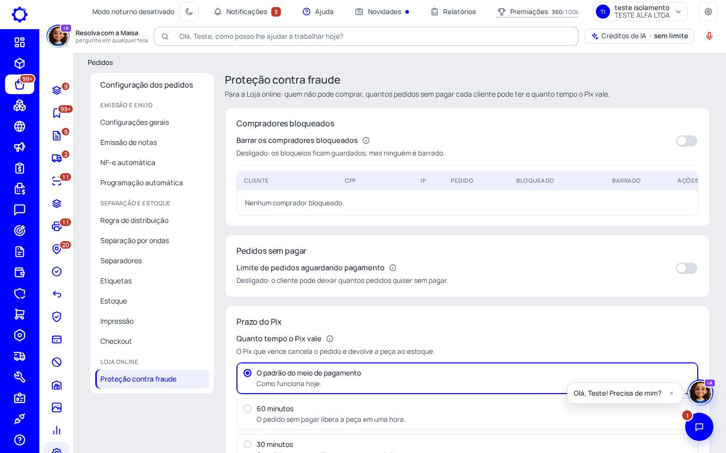 Passo 1: Abra Pedidos › Configurações › Proteção contra fraude
