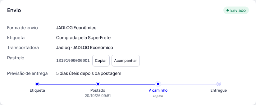 Passo 1: Veja o rastreio no bloco Envio