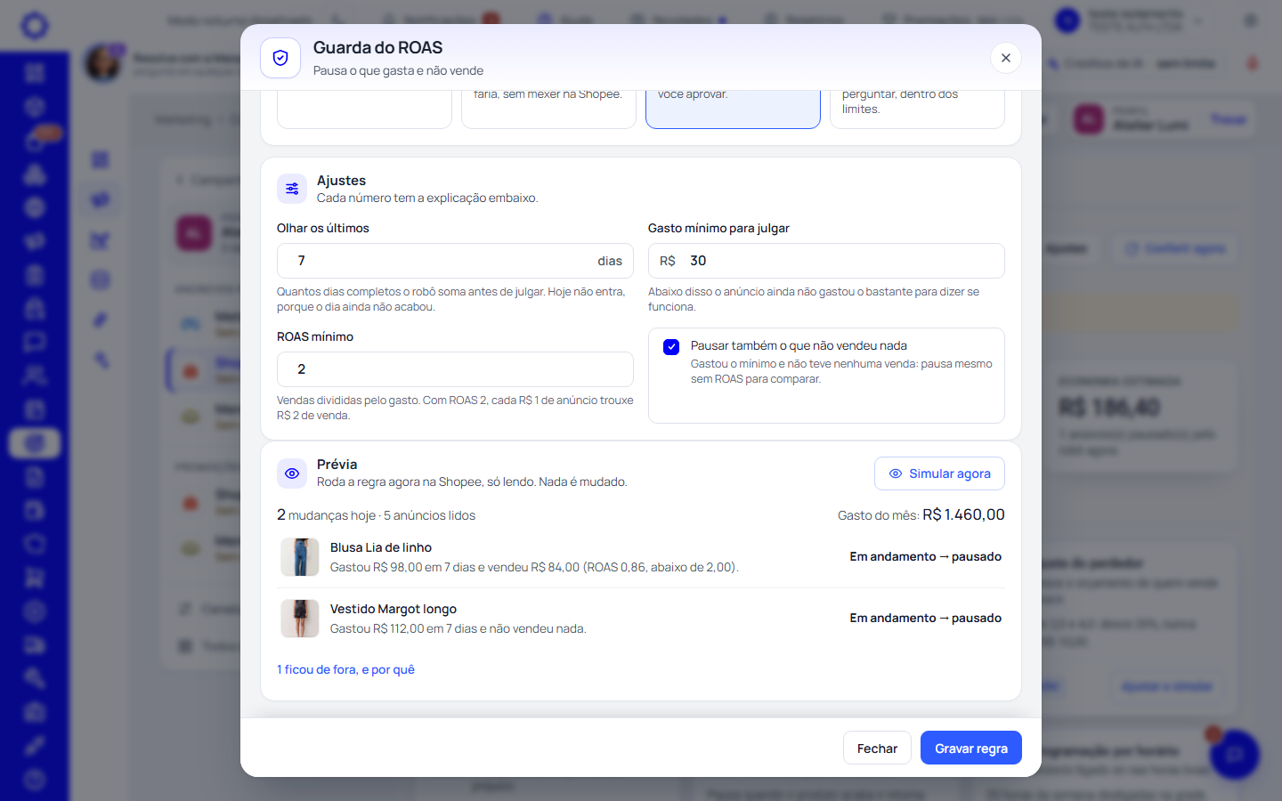 Passo 5: Clique em «Ajustar e simular» no cartão da regra