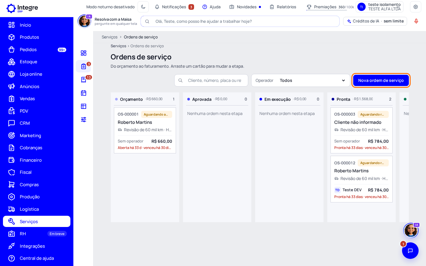 Passo 1: Clique em «Nova ordem de serviço»
