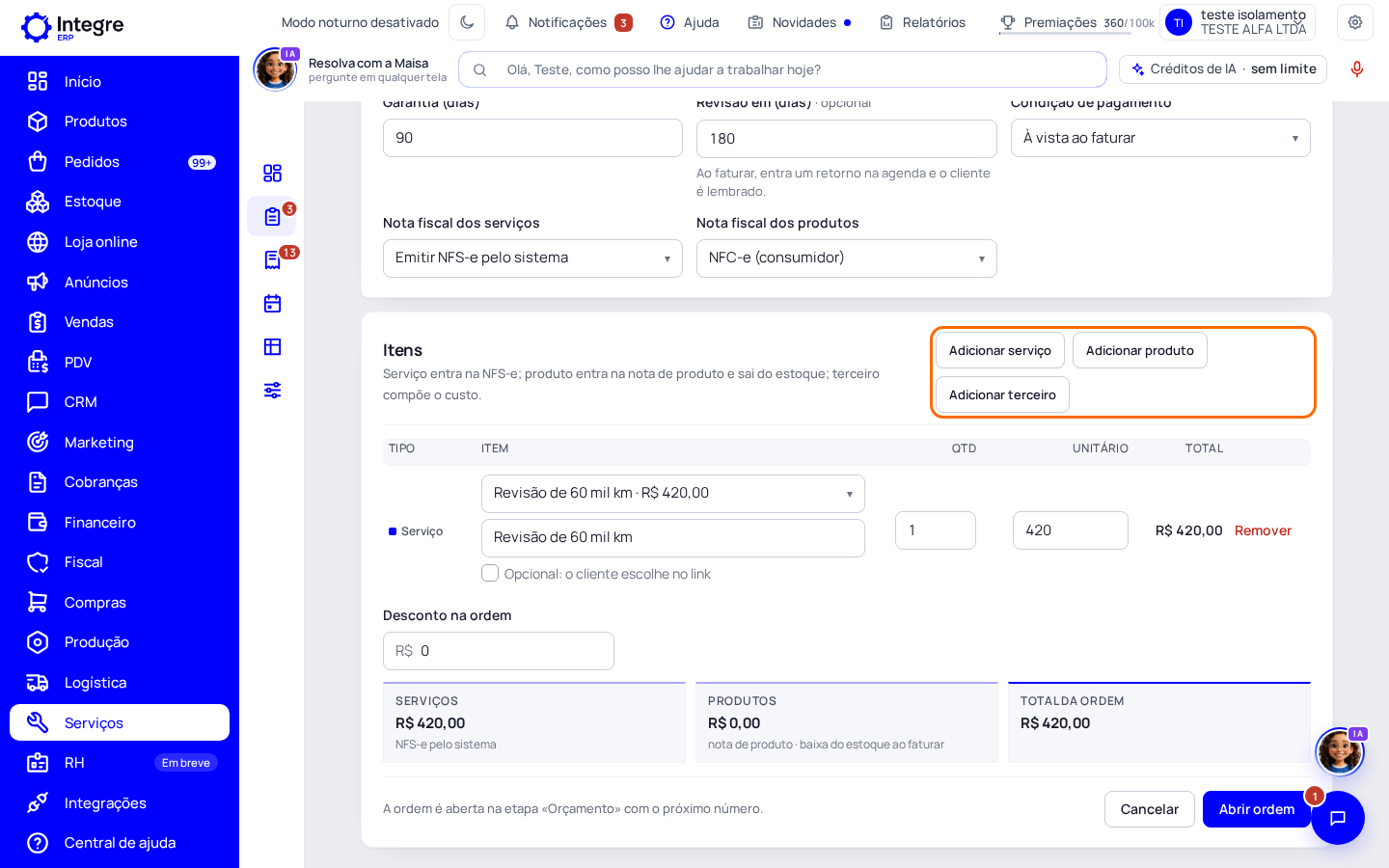 Passo 4: Acrescente os itens e clique em «Abrir ordem»