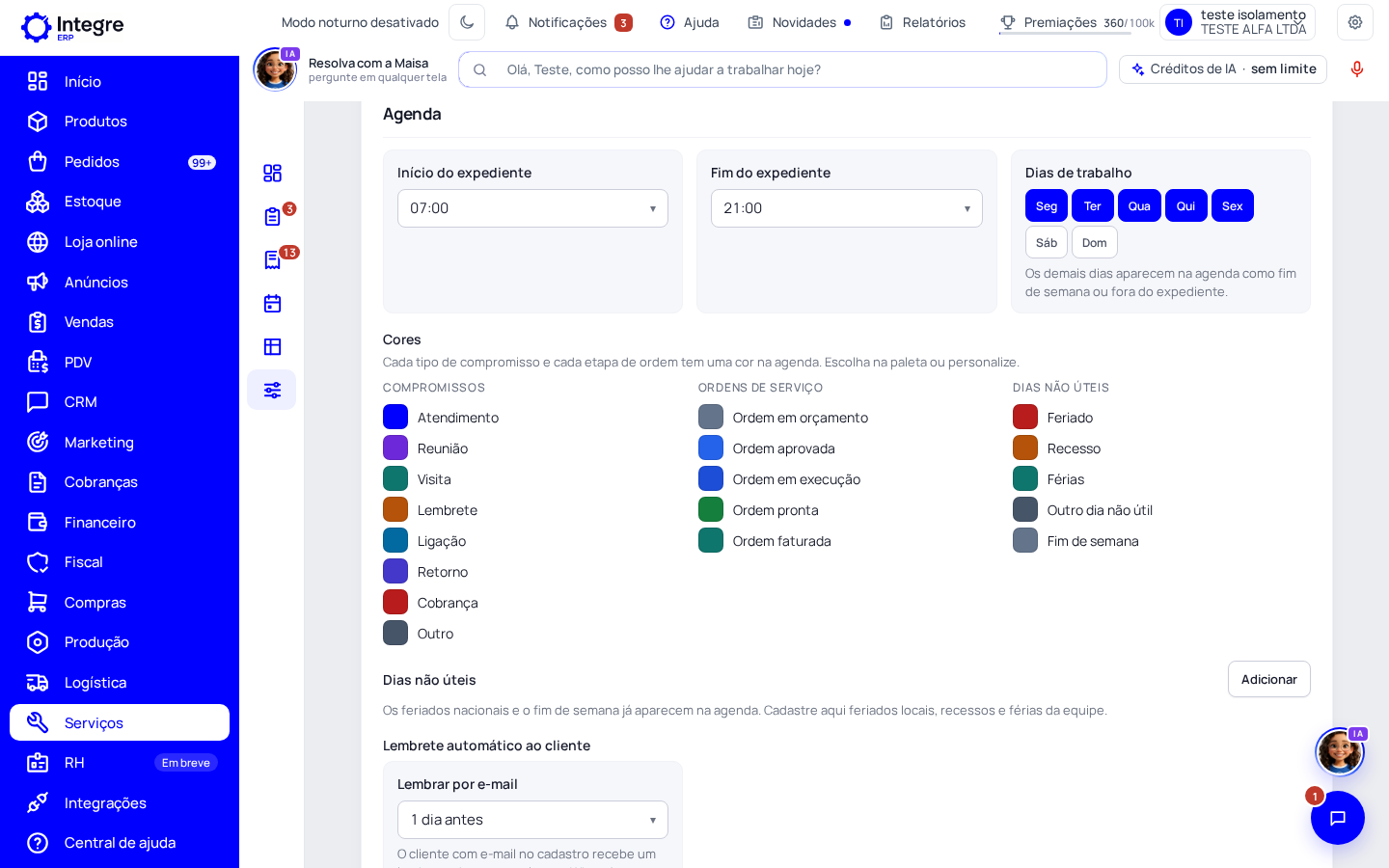 Passo 5: Expediente, cores, folgas e lembrete