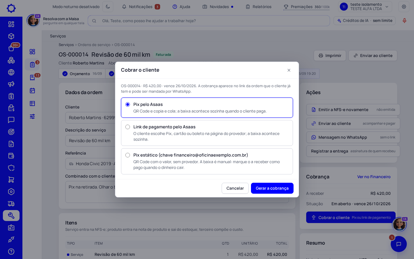 Passo 6: Clique em «Cobrar o cliente» e escolha o meio