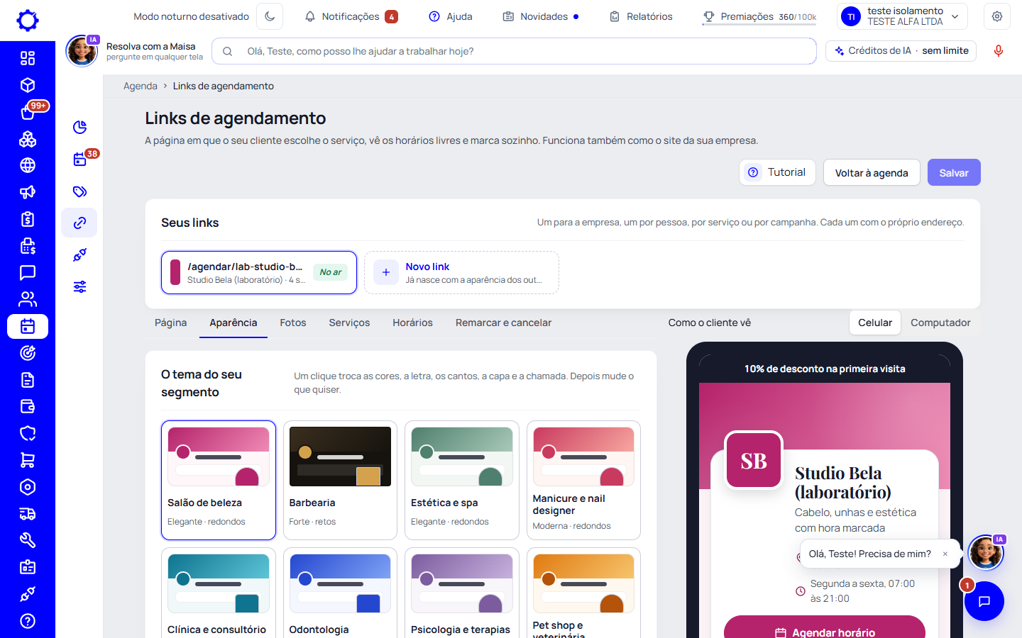 Passo 3: Na aba «Aparência», escolha o tema do seu ramo
