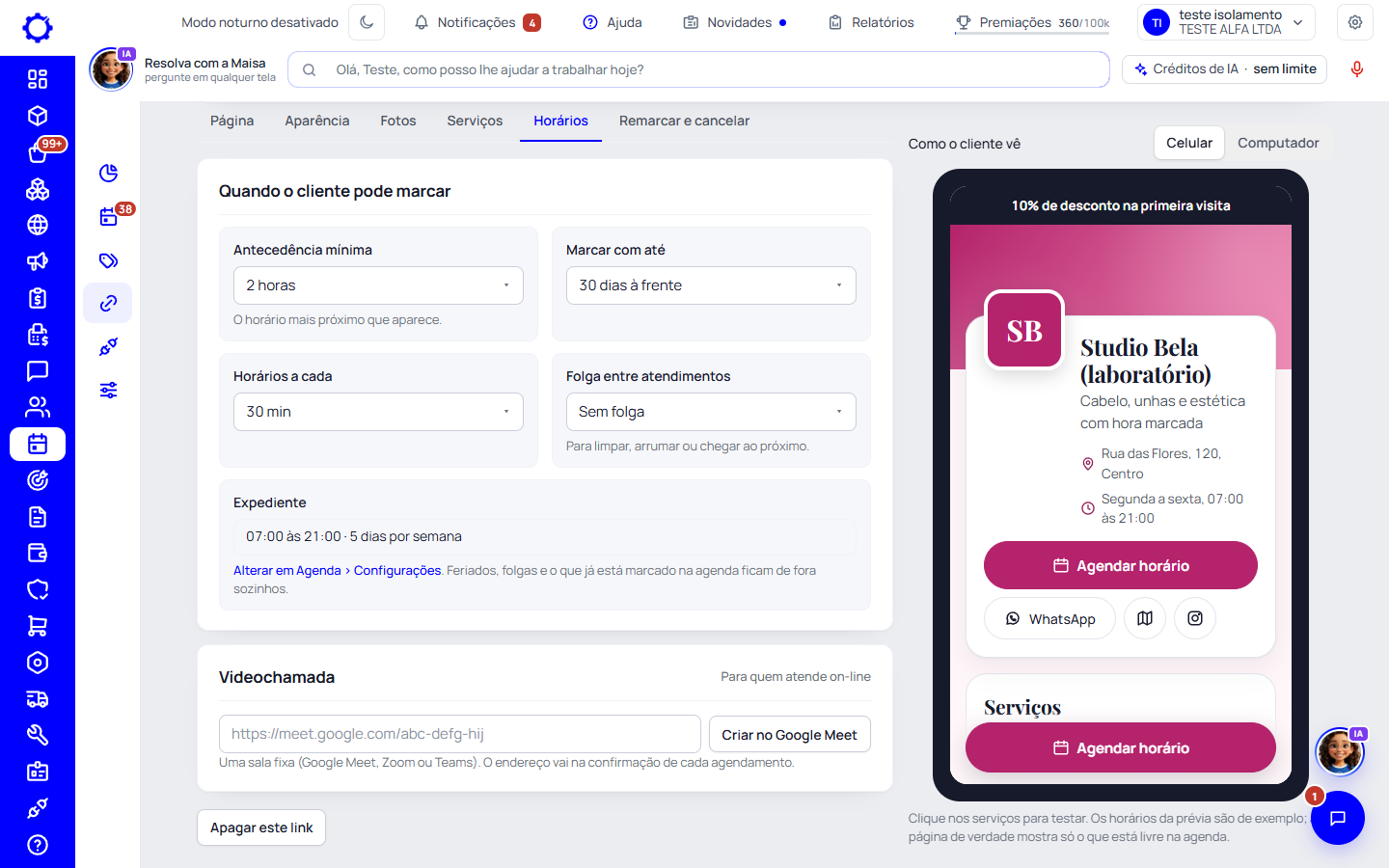 Passo 7: Na aba «Horários», diga quando o cliente pode marcar
