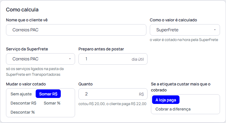 Passo 8: Crie o frete que o cliente vê