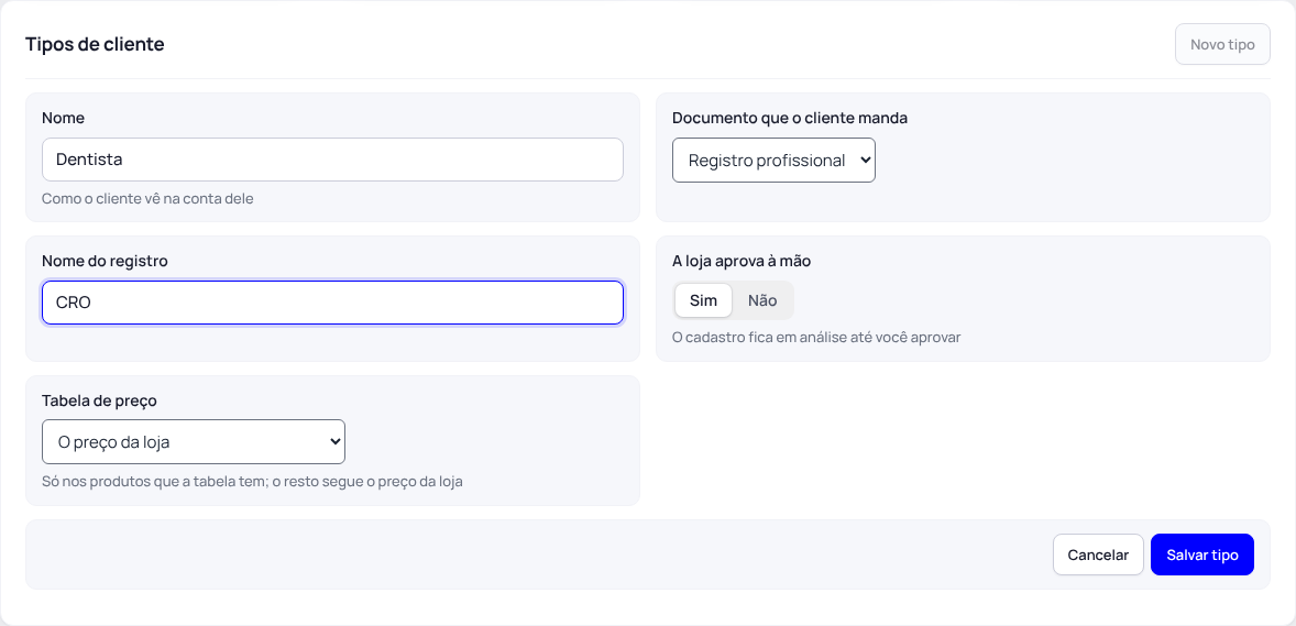 Passo 1: Crie os tipos de cliente