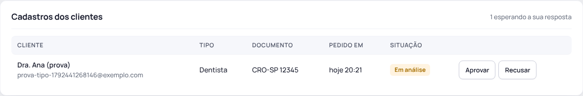 Passo 3: Aprove ou recuse o cadastro