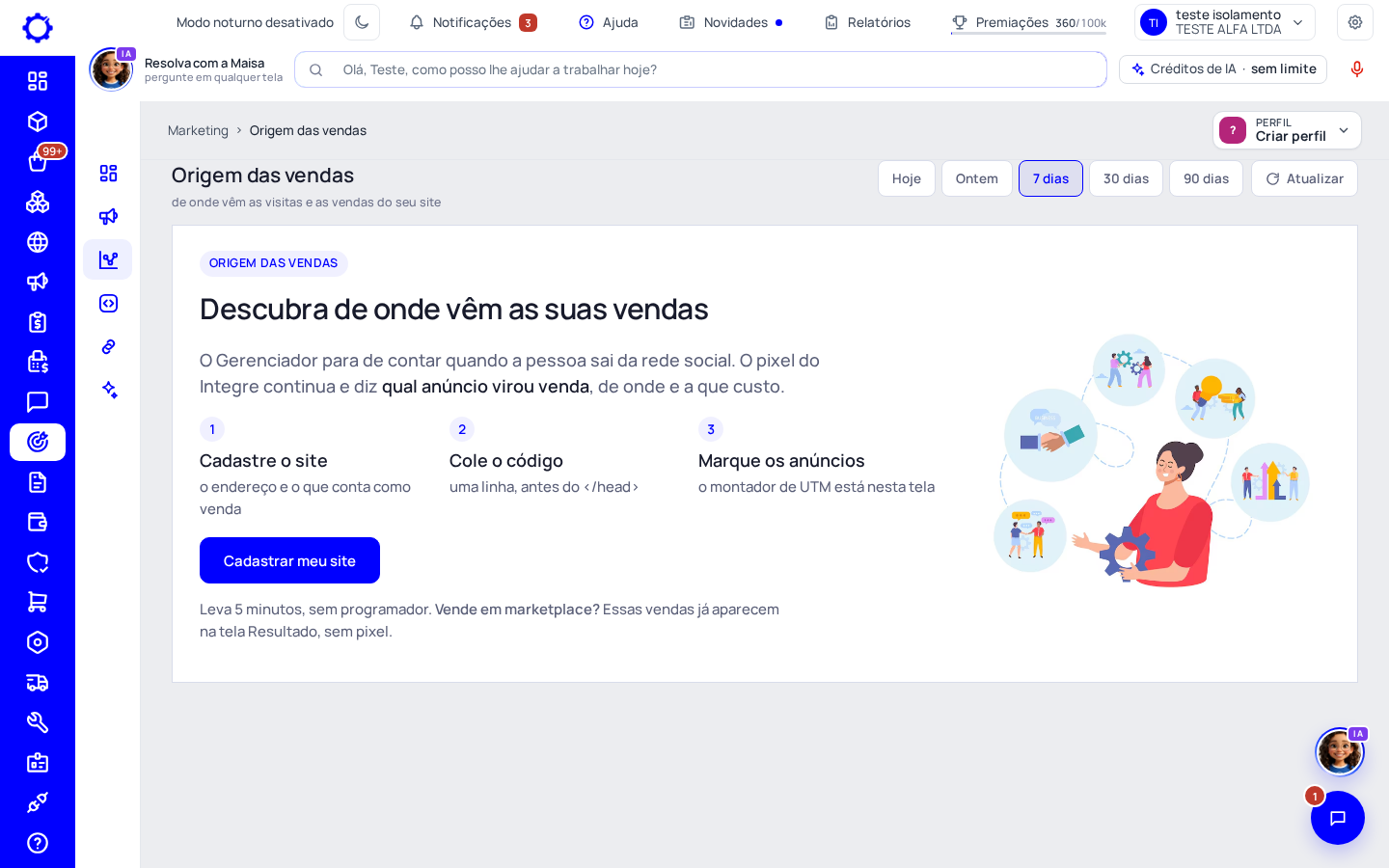 Passo 1: Cadastre o site em Marketing › Origem das vendas